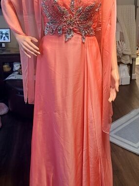 Coral Beaded Maxi Dress with Elegant Draping - Women Dresses